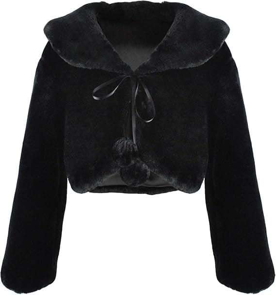 Small / Black Sunnypetal Girls Cozy Faux Fur Shrug Bolero Jacket Dress Coat