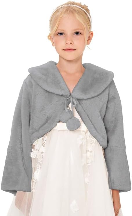 Small / Grey Sunnypetal Girls Cozy Faux Fur Shrug Bolero Jacket Dress Coat