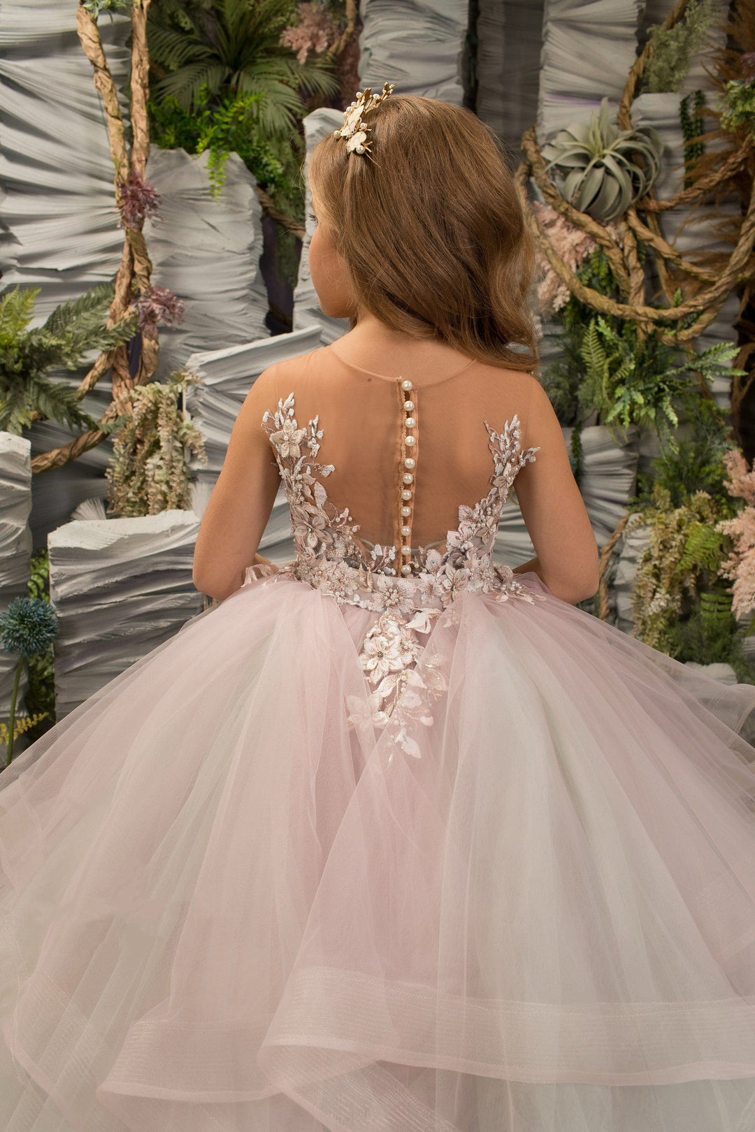 Sunnypetal 3D Floral Tulle Ruffles Flower Girl Dresses Pageant Long Princess Dress Ball Gown