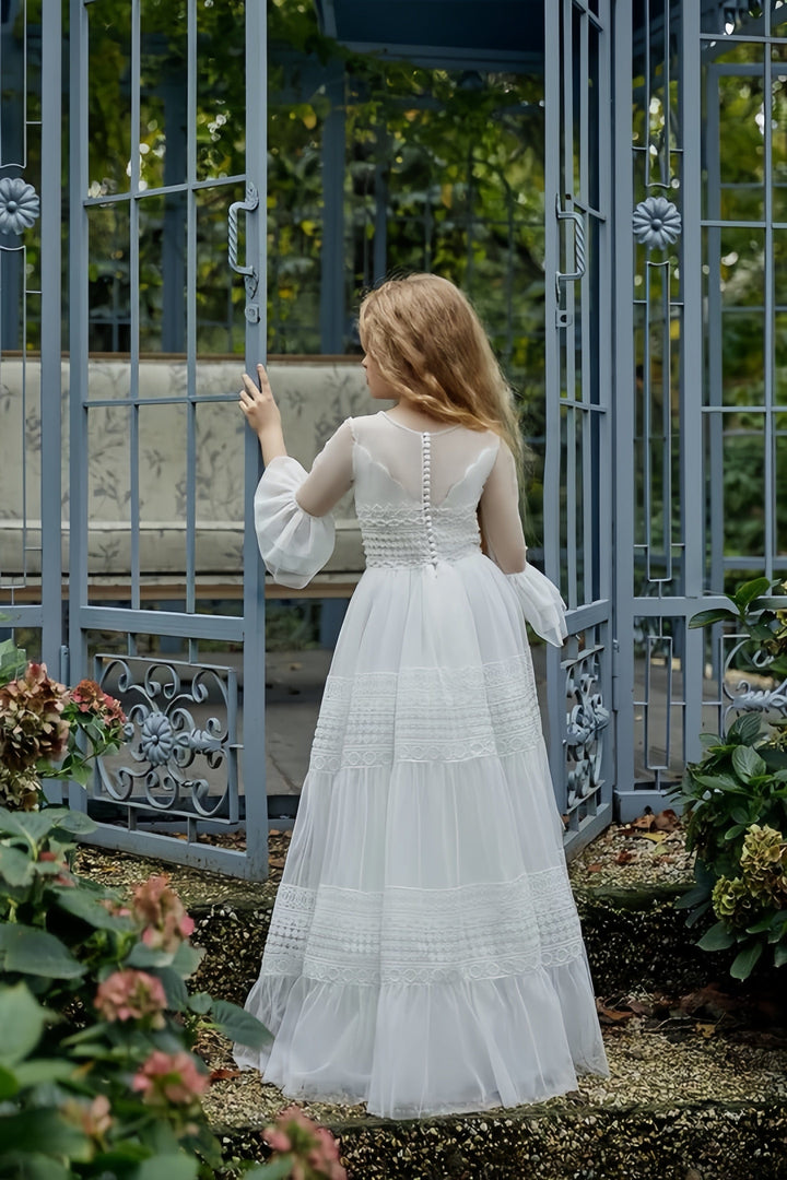 Sunnypetal A-Line Flower Girl Ruffled Sleeves Soft Tulle Long First Communion Dress