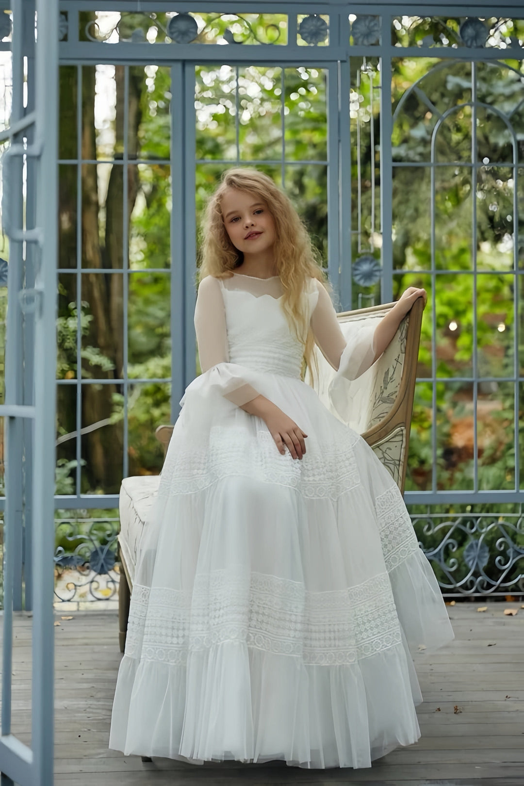 Sunnypetal A-Line Flower Girl Ruffled Sleeves Soft Tulle Long First Communion Dress