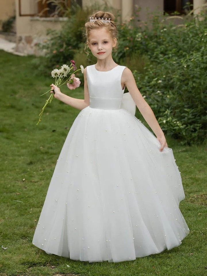 Sunnypetal A-Line Pearl Beads Flower Girls Dress Sleeveless Puffy Tulle with Bow