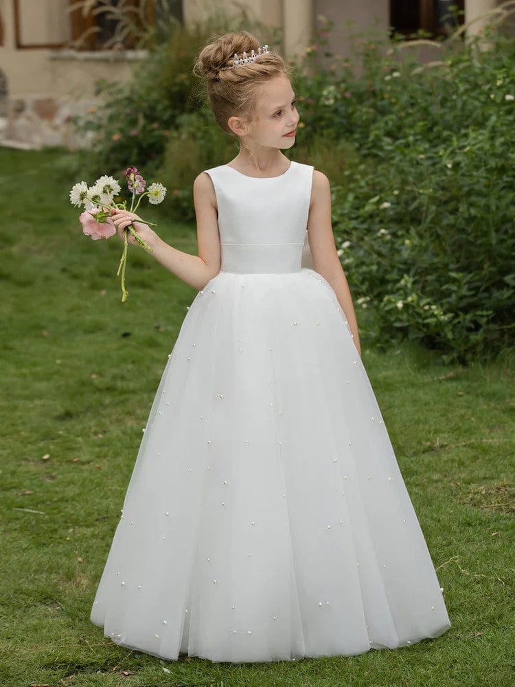 Sunnypetal A-Line Pearl Beads Flower Girls Dress Sleeveless Puffy Tulle with Bow