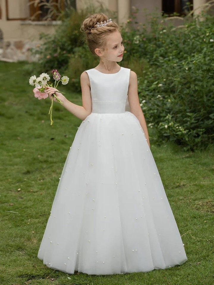 Sunnypetal A-Line Pearl Beads Flower Girls Dress Sleeveless Puffy Tulle with Bow