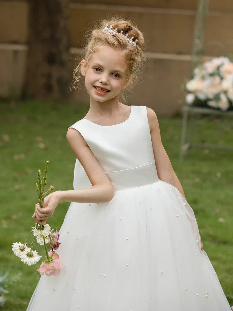 Sunnypetal A-Line Pearl Beads Flower Girls Dress Sleeveless Puffy Tulle with Bow