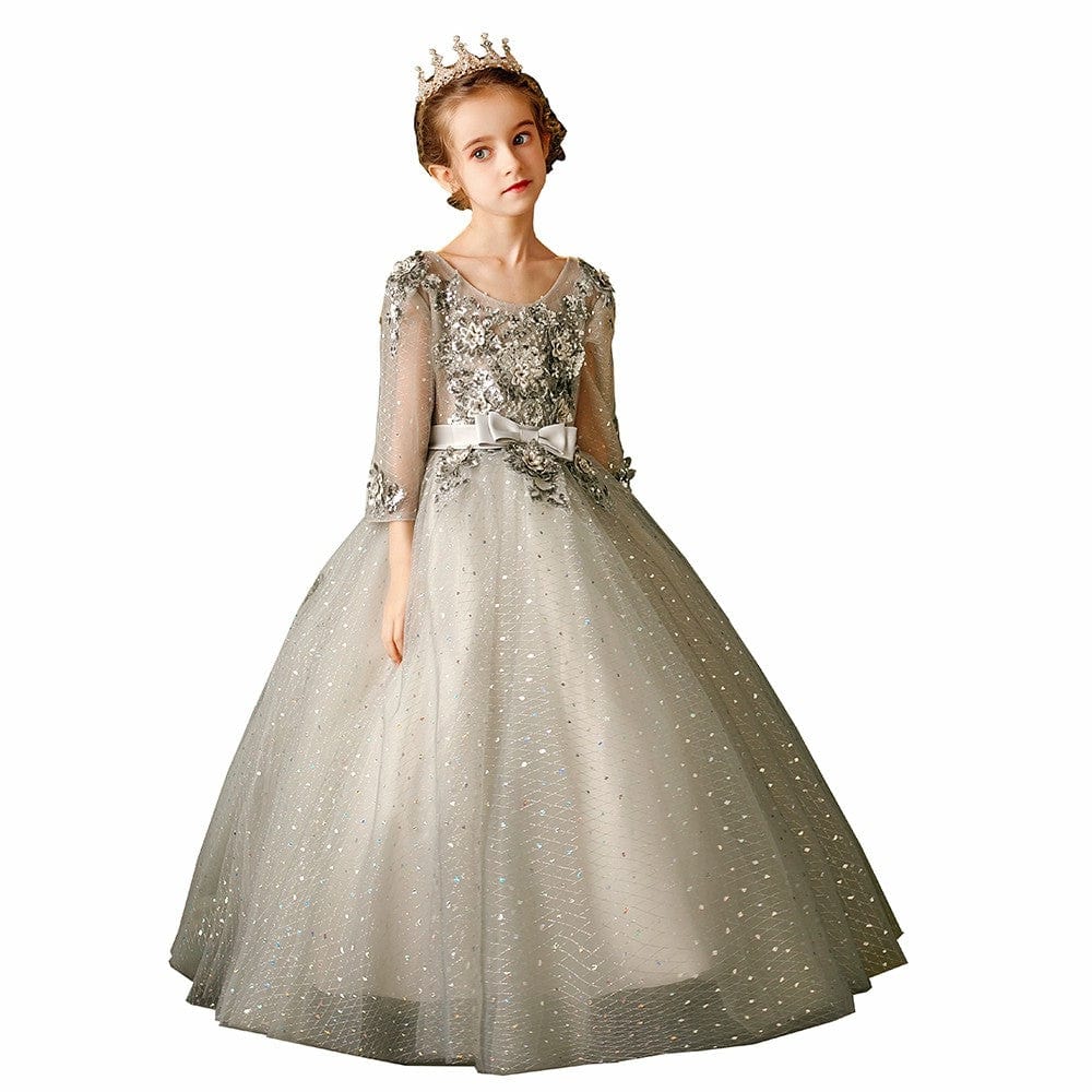 Sunnypetal A-Line Silver Tulle Sequins Lace-up Bow Kids Flower Girl Dress With 3D Flower