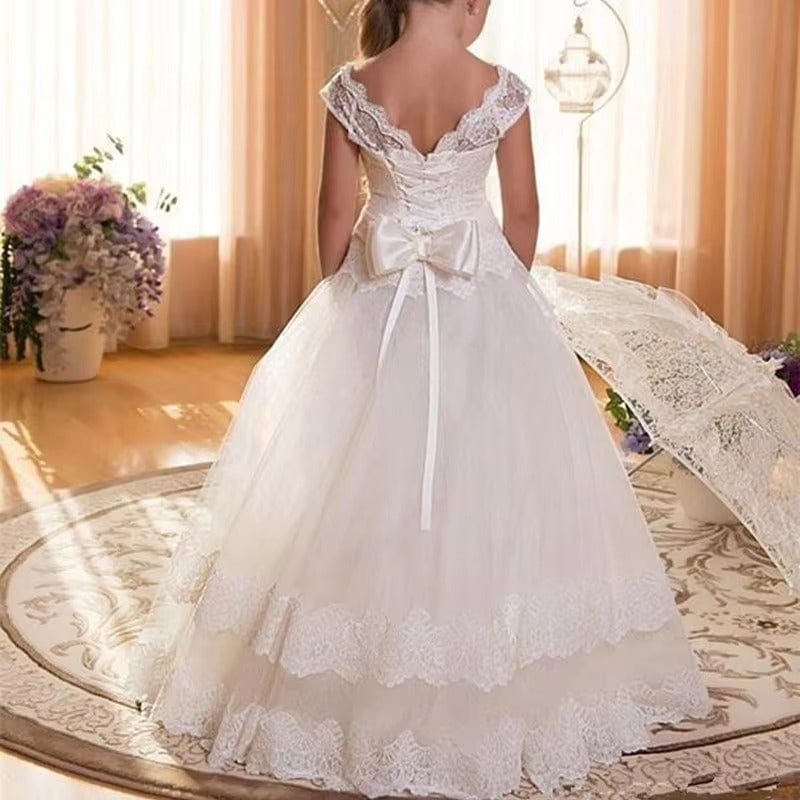 Sunnypetal A-Line Tulle Lace Floor-Length Stain Bow Flower Girl Dresses