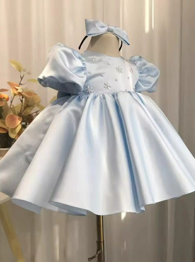 Sunnypetal Baby Blue Satin Flower Girl Dresses Puffy Sleeves Pearls Communion Baptism Gowns