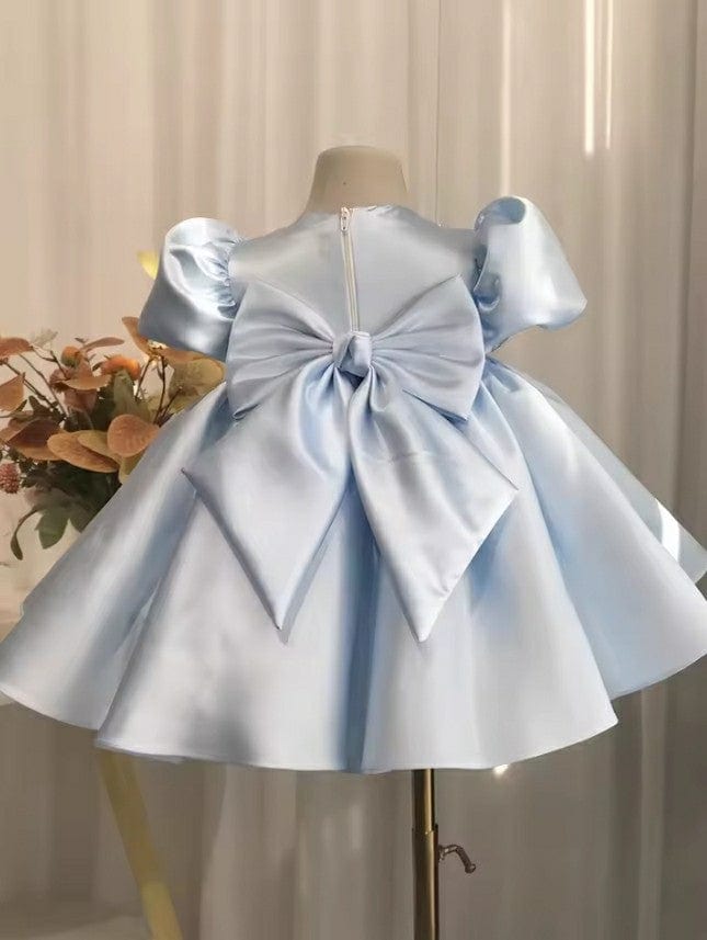 Sunnypetal Baby Blue Satin Flower Girl Dresses Puffy Sleeves Pearls Communion Baptism Gowns