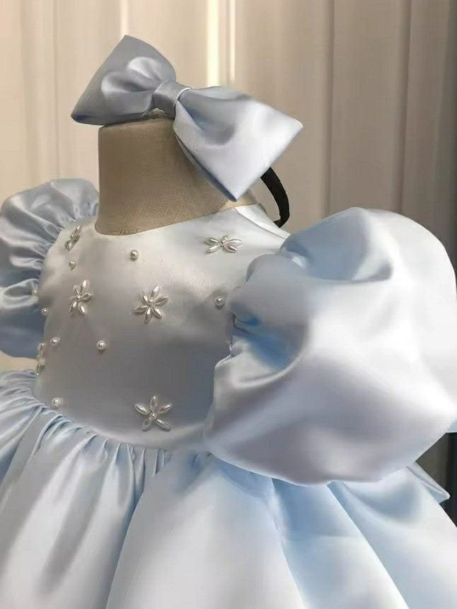 Sunnypetal Baby Blue Satin Flower Girl Dresses Puffy Sleeves Pearls Communion Baptism Gowns