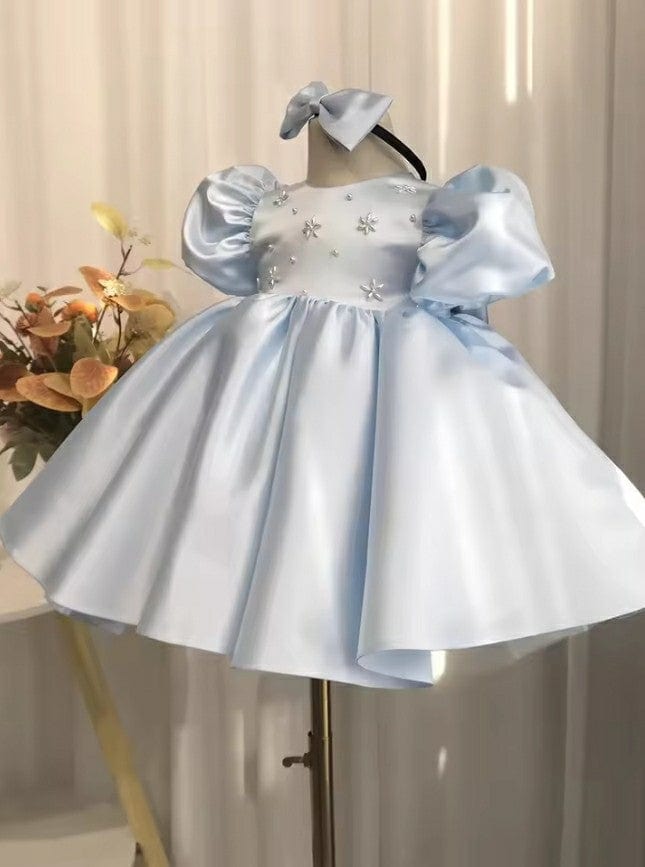 Sunnypetal Baby Blue Satin Flower Girl Dresses Puffy Sleeves Pearls Communion Baptism Gowns