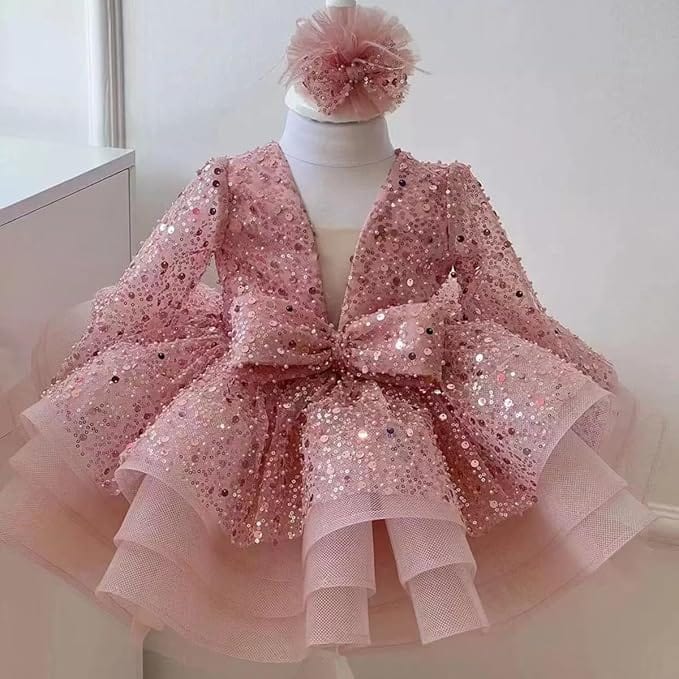 Sunnypetal Baby Girl Pageant Tulle Dress Sequins Lace Toddler Birthday Party Gown Dresses