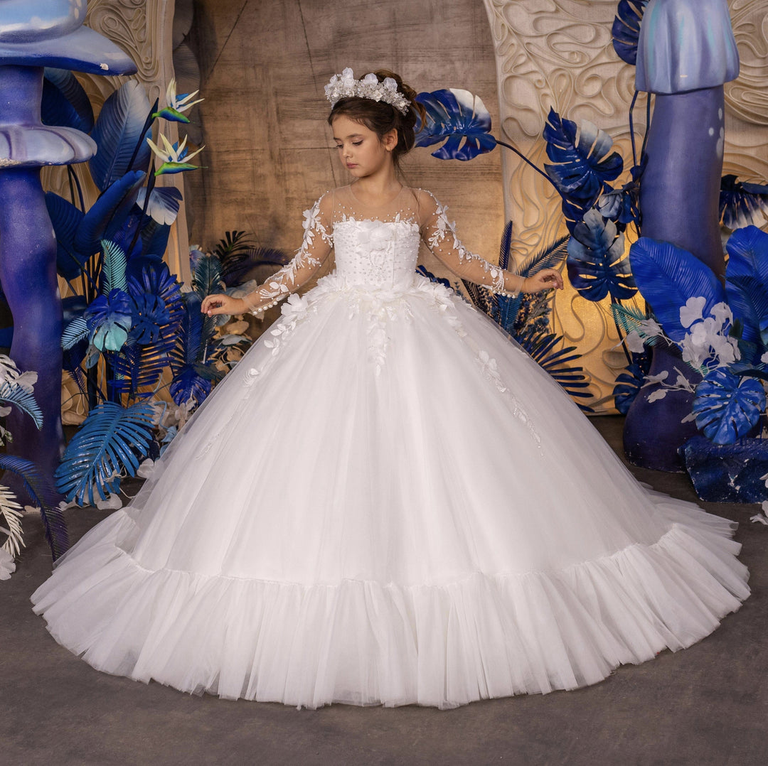 Sunnypetal Ball-Gown Elegant White Tulle Girl Dresses Long Sleeves Appliques Pearls With Train