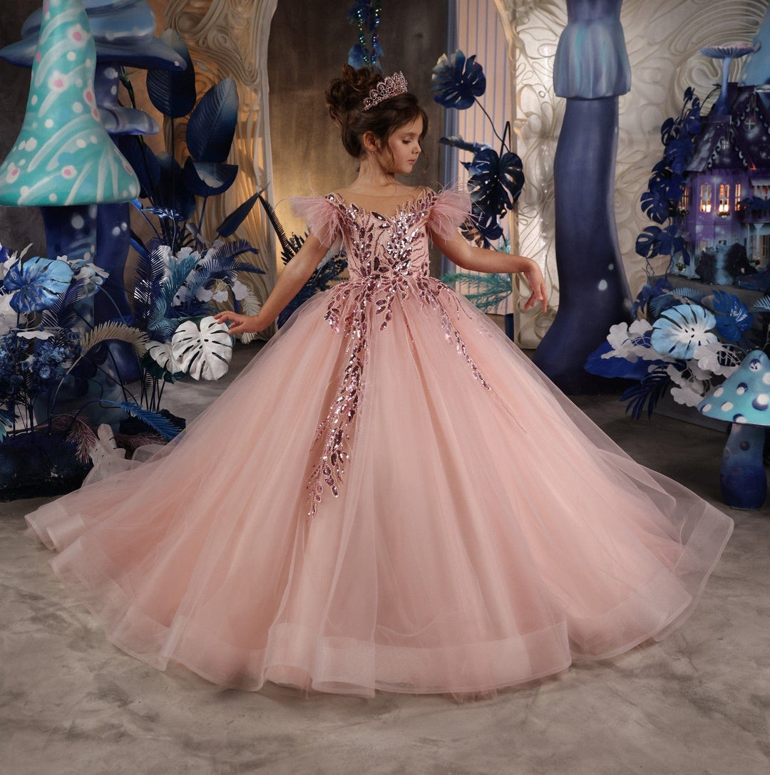 Sunnypetal Ball Gown Feather Ruffles Tulle Sequins Flower Girl Dress With Beading