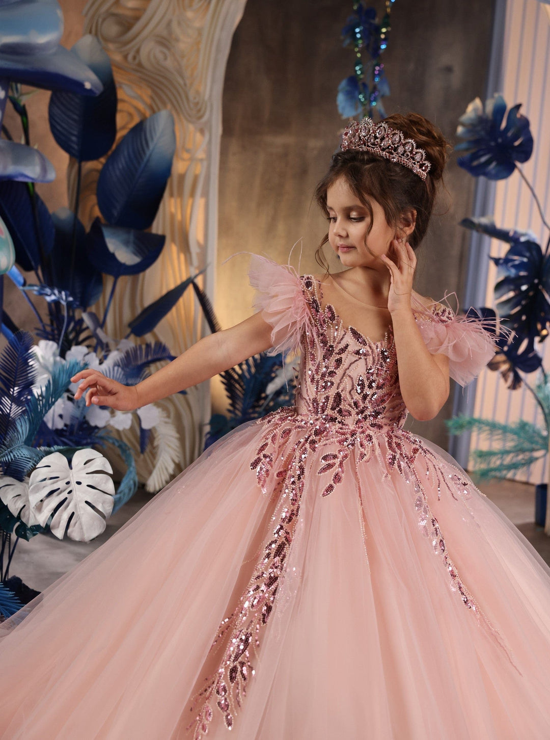 Sunnypetal Ball Gown Feather Ruffles Tulle Sequins Flower Girl Dress With Beading