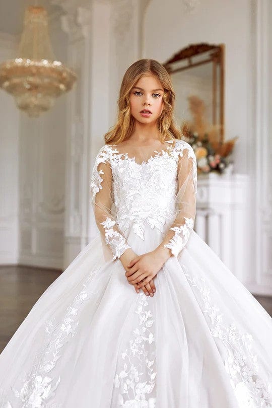 Sunnypetal Ball Gown First Communion / Baptism Dress Lace Appliques Flower Girl Dress With Train