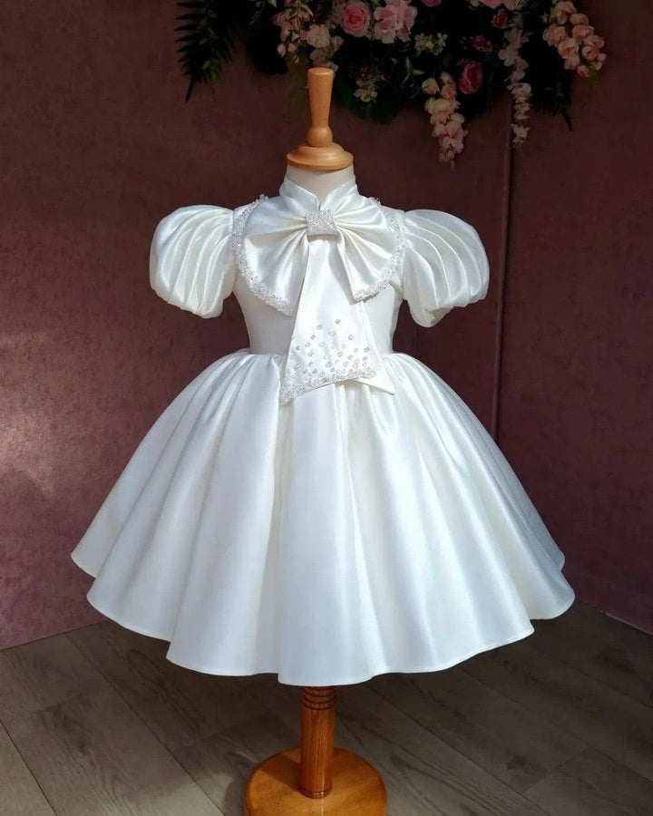 Sunnypetal Ball-Gown Ivory Satin Puff Sleeves High Neck Flower Girl Dress With Bow