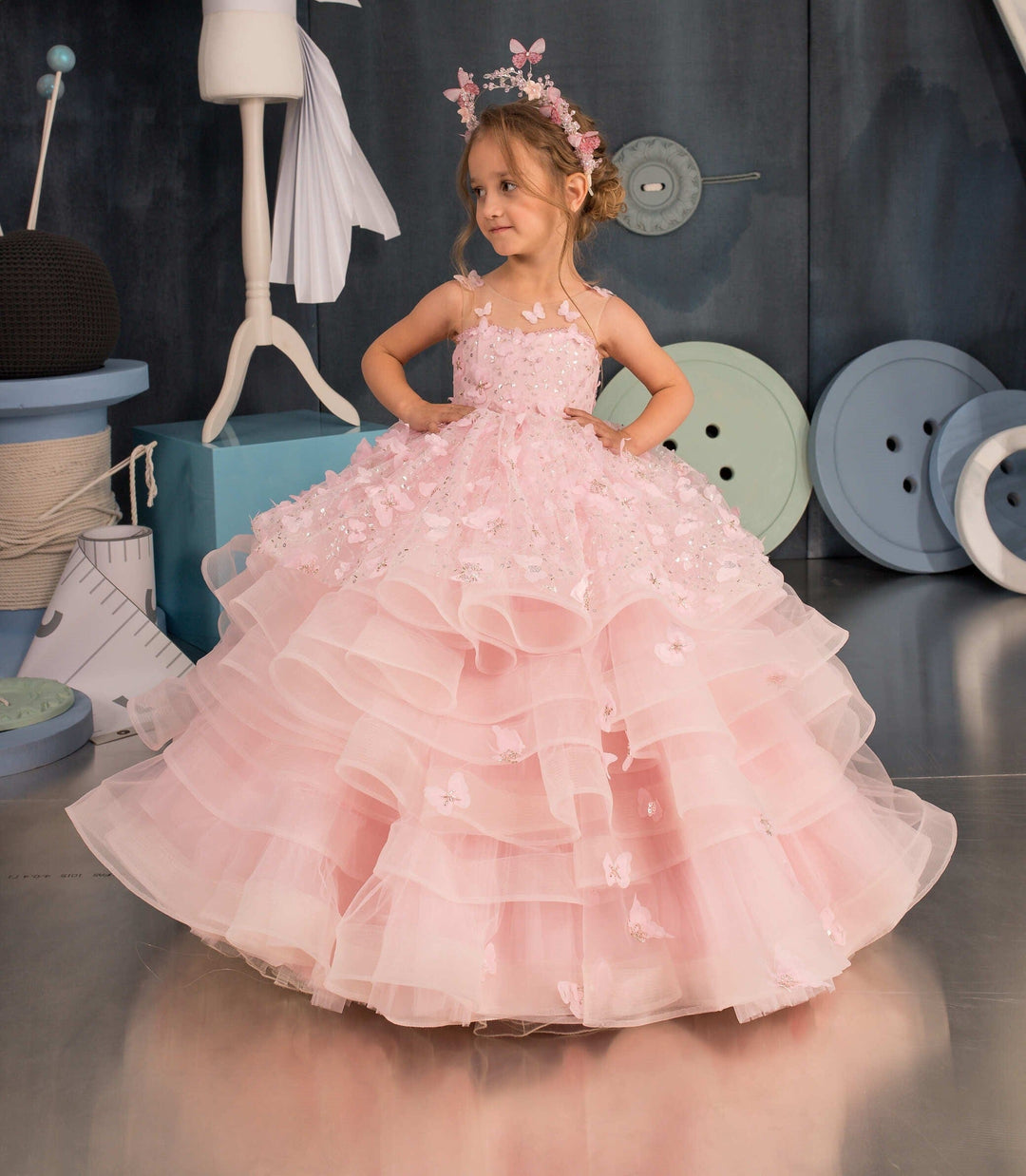 Sunnypetal Ball Gown Kids Tulle Sequins Jewel Lace Flower Girl Dress With 3D Butterfly