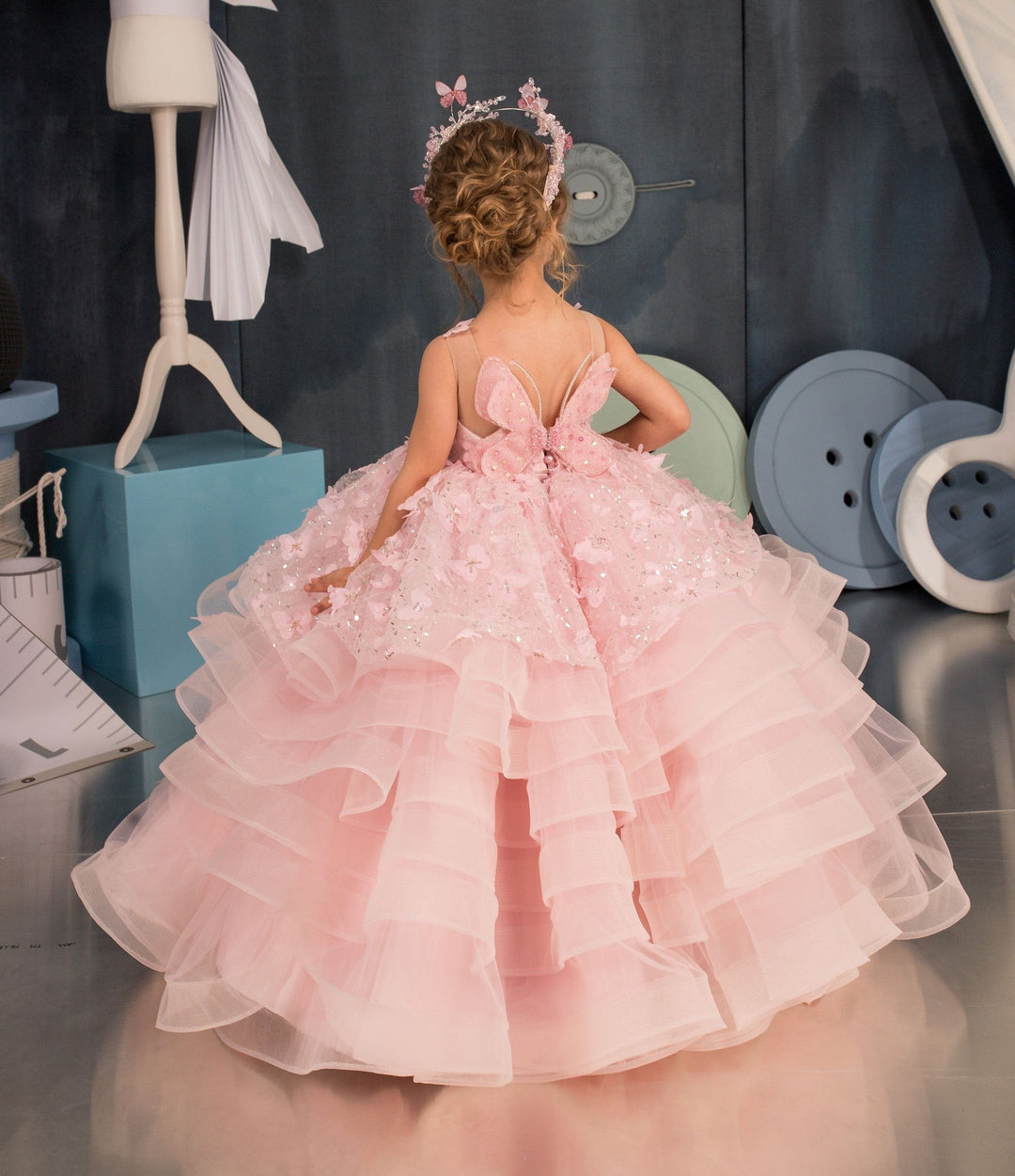 Sunnypetal Ball Gown Kids Tulle Sequins Jewel Lace Flower Girl Dress With 3D Butterfly