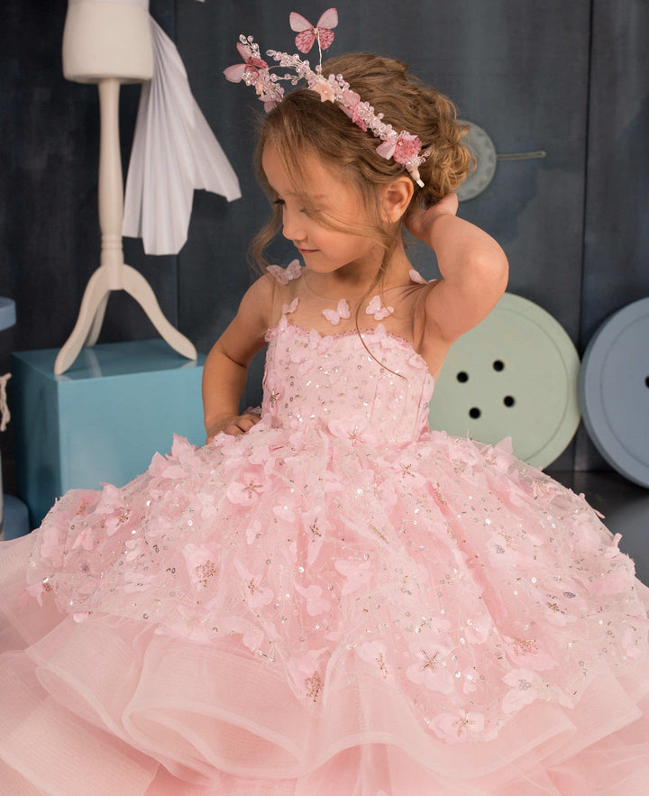 Sunnypetal Ball Gown Kids Tulle Sequins Jewel Lace Flower Girl Dress With 3D Butterfly