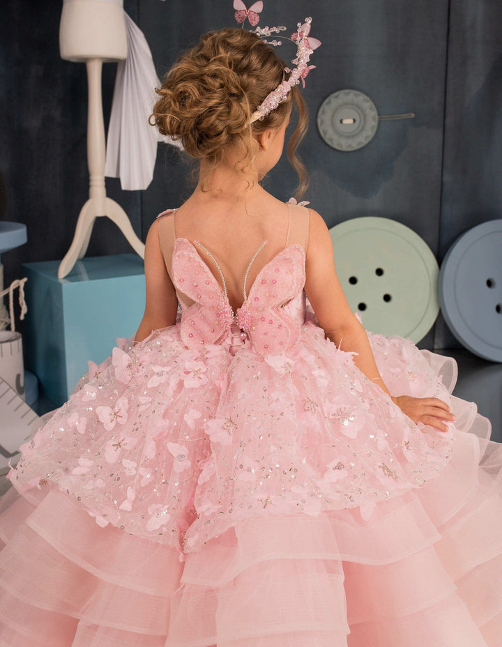 Sunnypetal Ball Gown Kids Tulle Sequins Jewel Lace Flower Girl Dress With 3D Butterfly