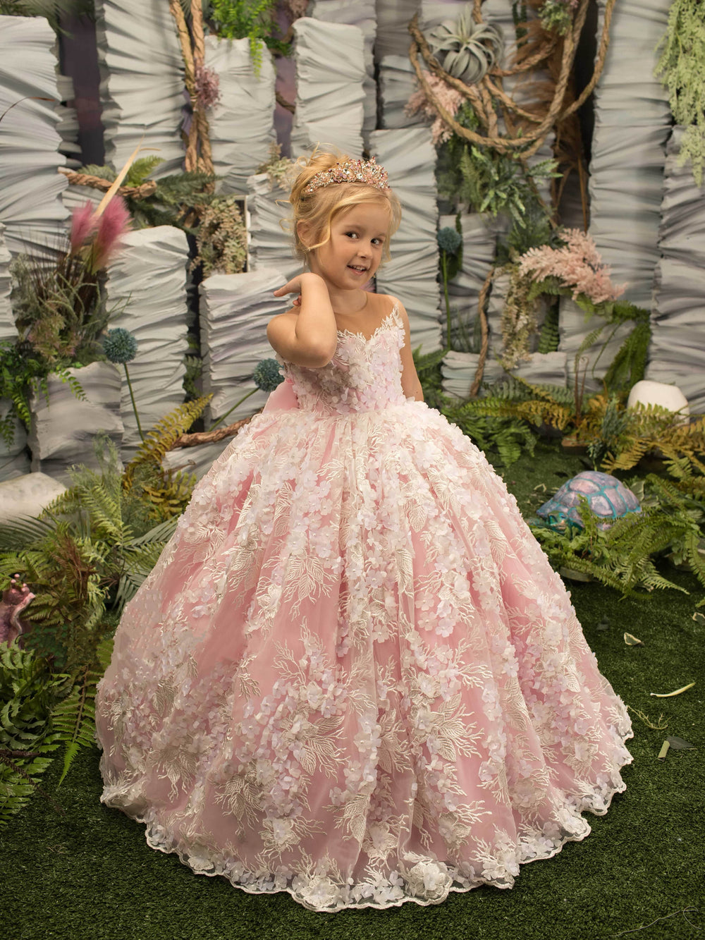 Sunnypetal Ball-Gown Lace Appliques Floor-Length Kids Flower Girl Dresses With 3D Floral