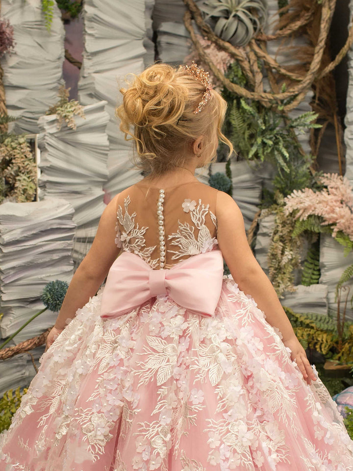 Sunnypetal Ball-Gown Lace Appliques Floor-Length Kids Flower Girl Dresses With 3D Floral