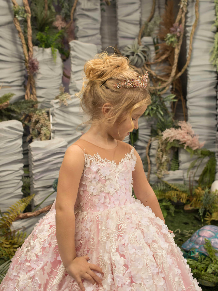 Sunnypetal Ball-Gown Lace Appliques Floor-Length Kids Flower Girl Dresses With 3D Floral