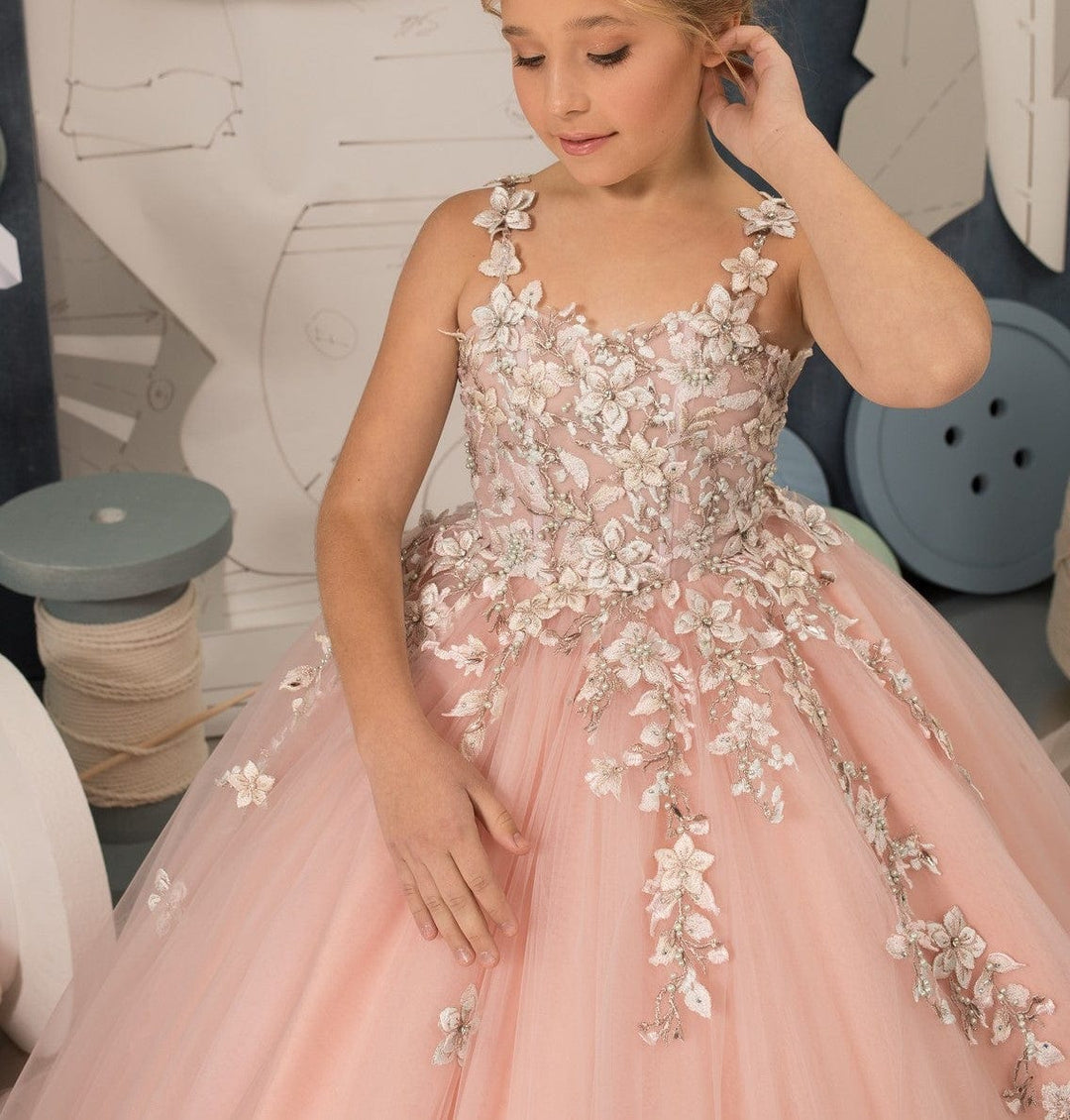 Sunnypetal Ball-Gown Light Pink Tulle Lace 3D Floral Beading Flower Girl Dress