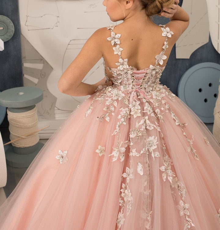 Sunnypetal Ball-Gown Light Pink Tulle Lace 3D Floral Beading Flower Girl Dress