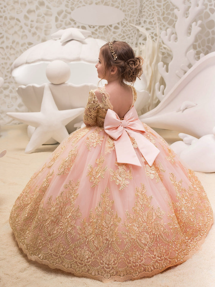 Sunnypetal Ball Gown Pink Tulle Flower Girl Dresses Half sleeves Gold Appliques Princess Dress