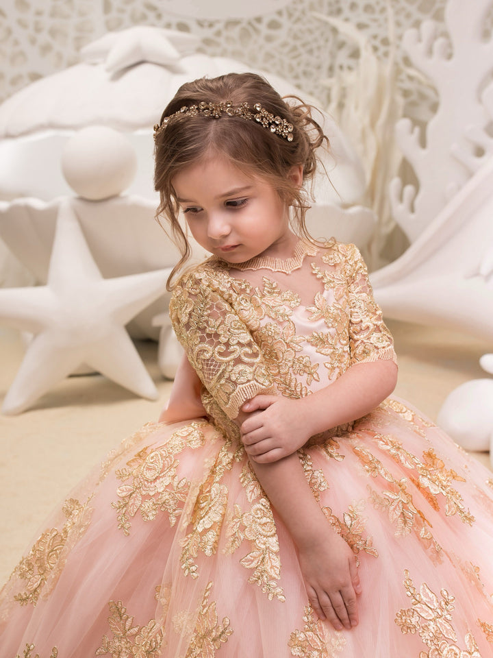 Sunnypetal Ball Gown Pink Tulle Flower Girl Dresses Half sleeves Gold Appliques Princess Dress