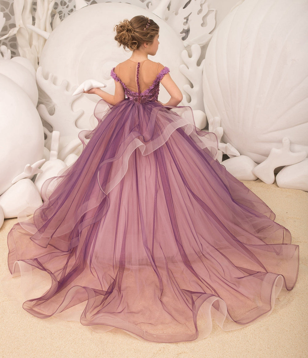 Sunnypetal Ball-Gown Purple Tulle Lace Flower Girls Dress With Beading