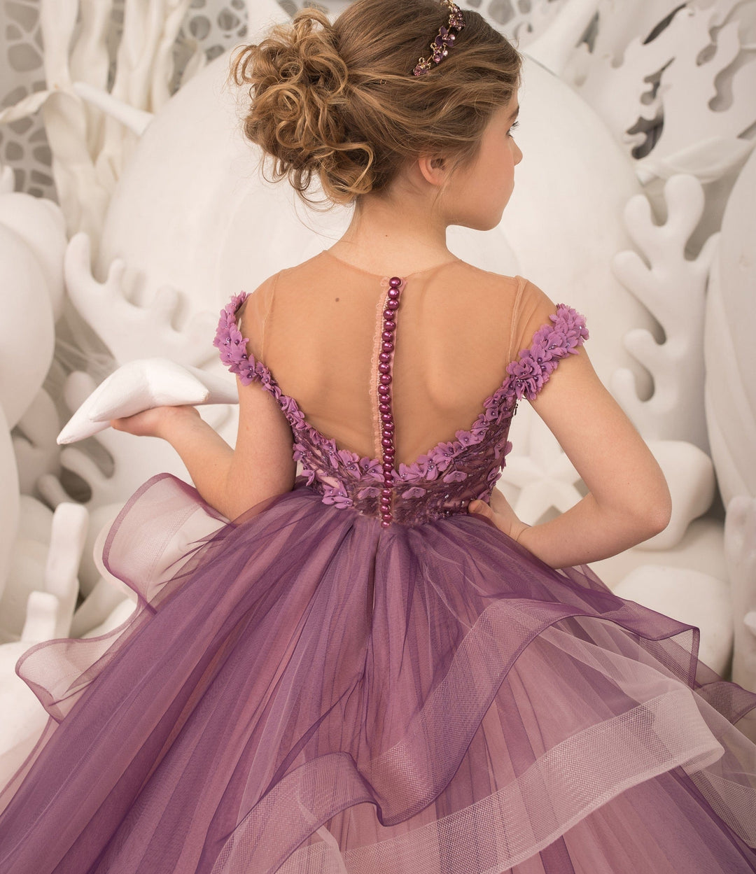 Sunnypetal Ball-Gown Purple Tulle Lace Flower Girls Dress With Beading