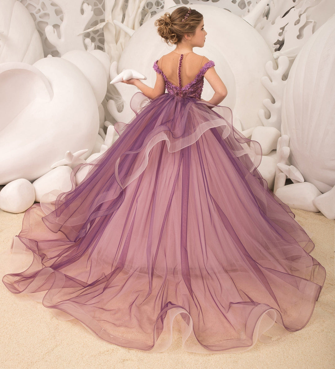 Sunnypetal Ball-Gown Purple Tulle Lace Flower Girls Dress With Beading