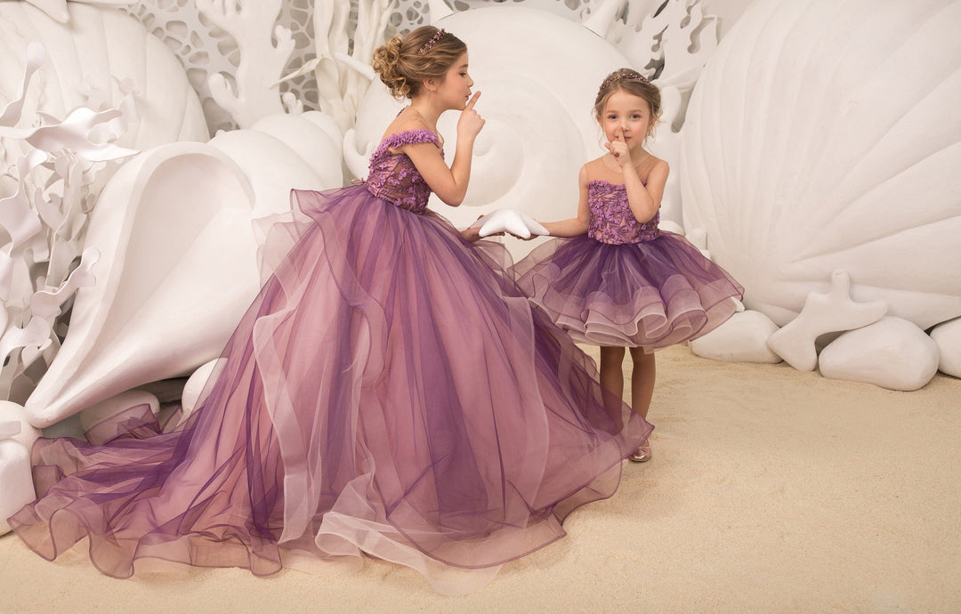 Sunnypetal Ball-Gown Purple Tulle Lace Flower Girls Dress With Beading