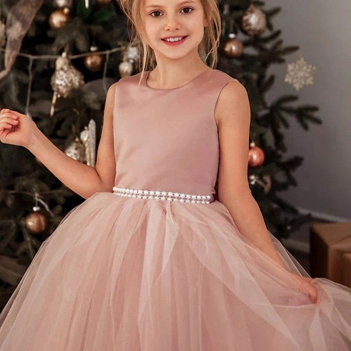 Sunnypetal Ball-Gown Satin Bow Tulle Pearls Floor-Length Flower Girl Dress