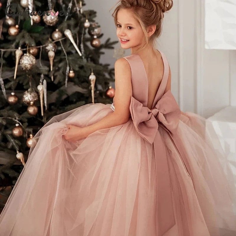 Sunnypetal Ball-Gown Satin Bow Tulle Pearls Floor-Length Flower Girl Dress