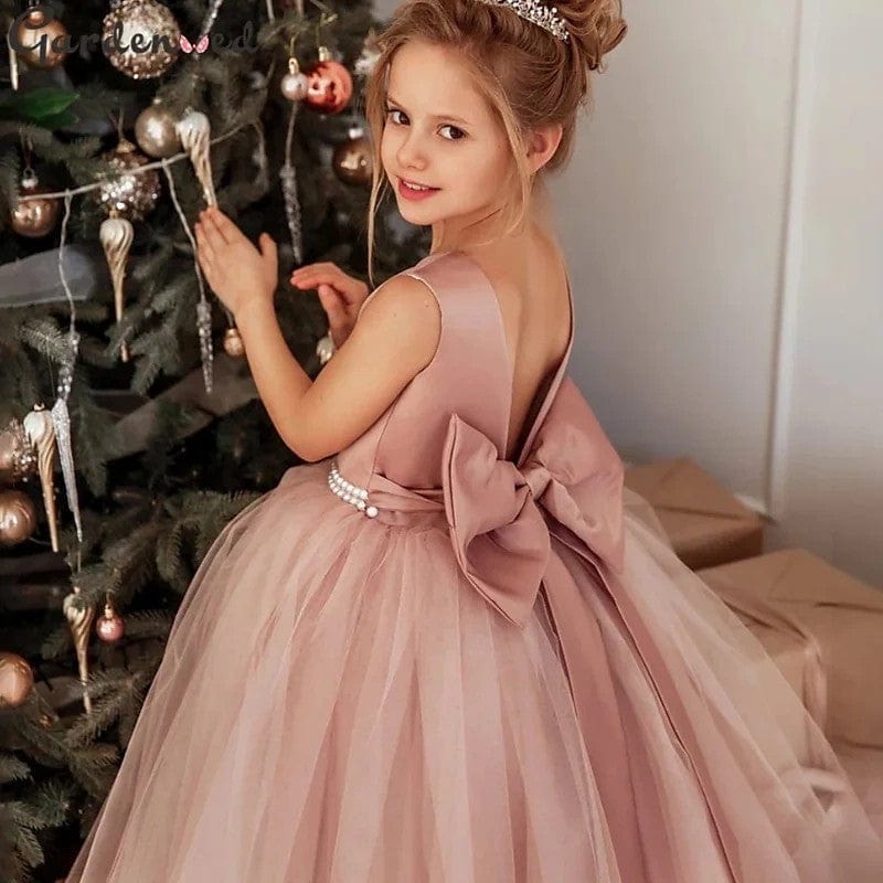 Sunnypetal Ball-Gown Satin Bow Tulle Pearls Floor-Length Flower Girl Dress