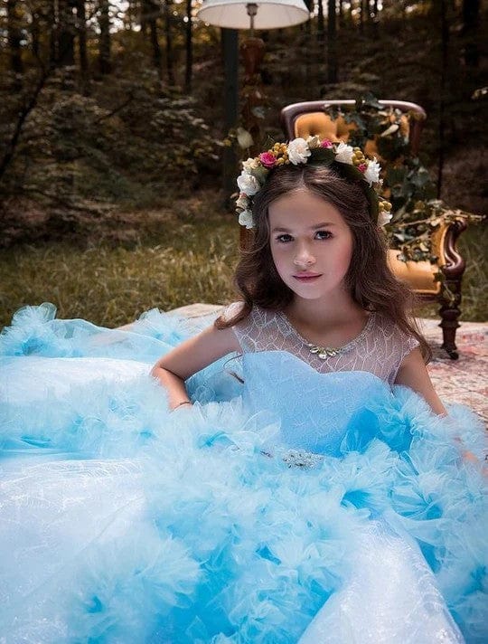 Sunnypetal Ball-Gown Sleeveless Lace Bodice Puffy Tulle Flower Girl Dresses With Belt