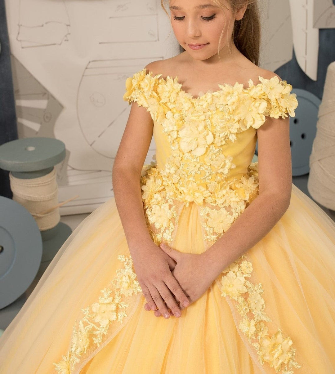 Sunnypetal Ball-Gown Tulle Lace Flower Girl Dress With Beading/3D Floral