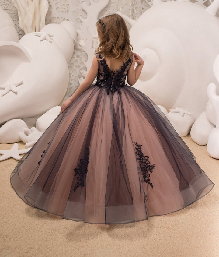 Sunnypetal Ball-Gown V-Neck Tulle Lace Kids Flower Girl Dresses