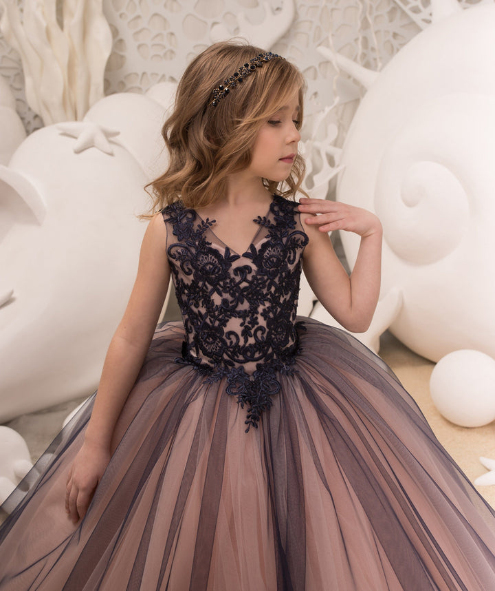 Sunnypetal Ball-Gown V-Neck Tulle Lace Kids Flower Girl Dresses