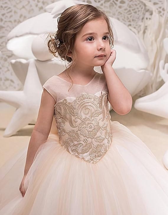 Sunnypetal Ball Gowns Tulle Lace Kids Flower Girl Dress With Bow