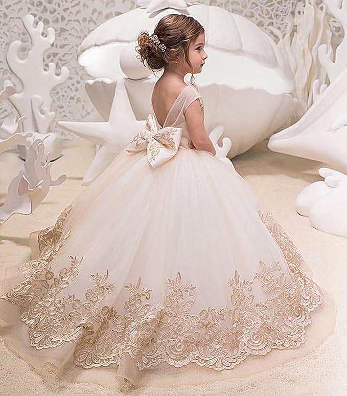 Sunnypetal Ball Gowns Tulle Lace Kids Flower Girl Dress With Bow