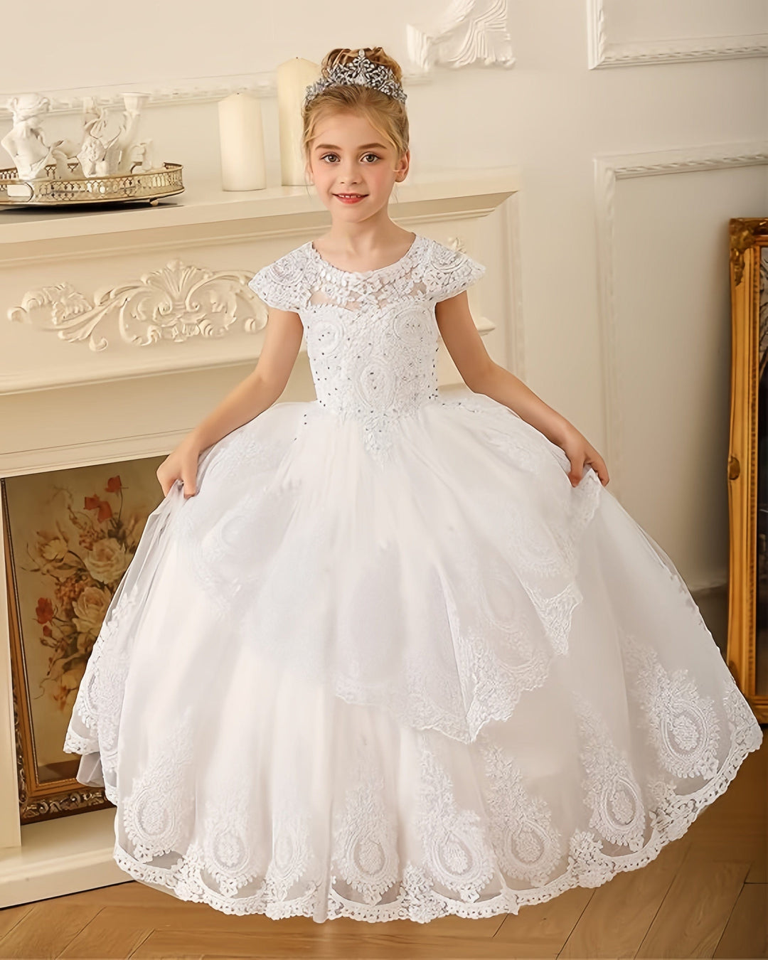 Sunnypetal Beaded Lace Appliques Flower Girl Dress First Communion Ball Gown Kids Dresses