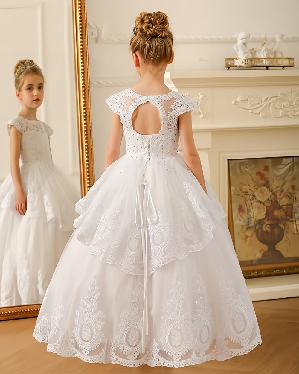 Sunnypetal Beaded Lace Appliques Flower Girl Dress First Communion Ball Gown Kids Dresses