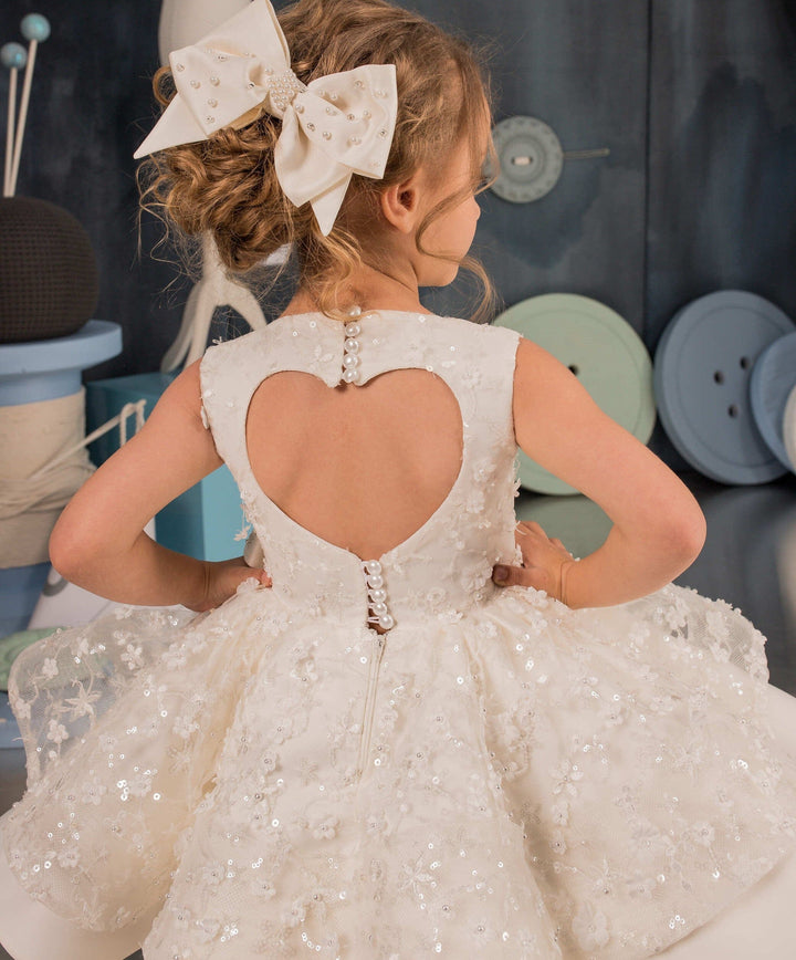 Sunnypetal Beige Tulle Appliques Sequins Knee Length Pearls Bow Kids Flower Girl Dress