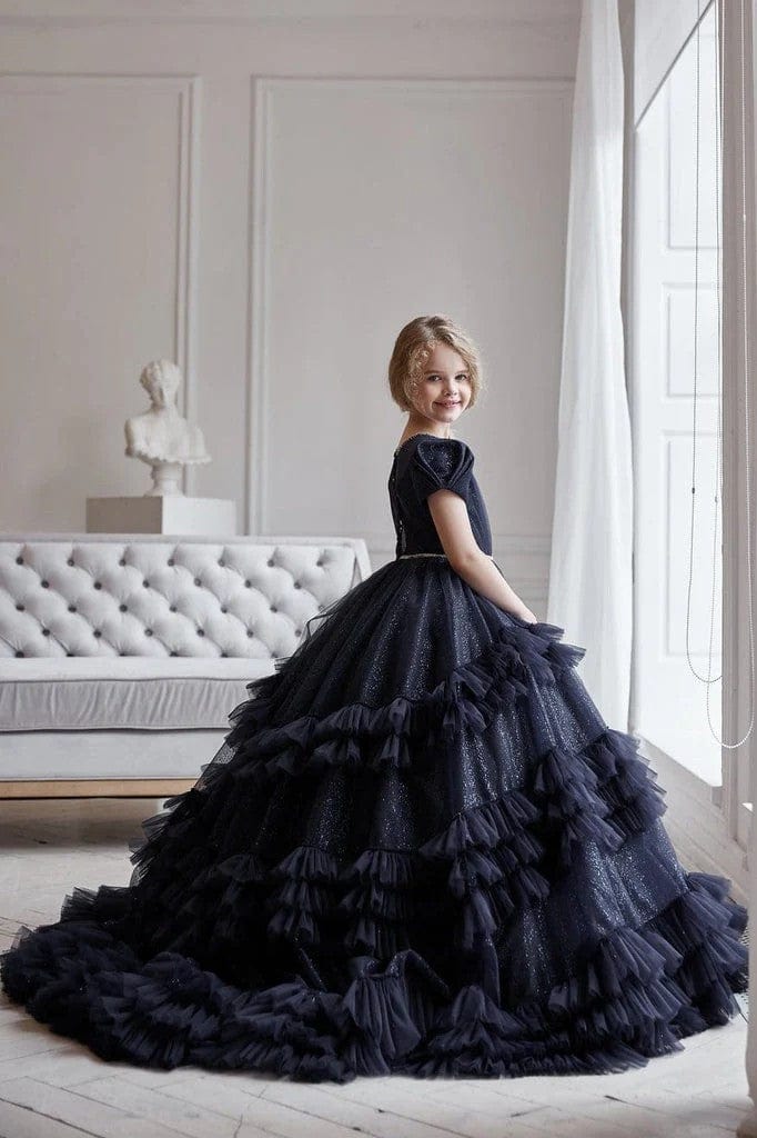 Sunnypetal Black Puffy Tulle Sparkling Ruffled Flower Girl Ball Gown Dresses