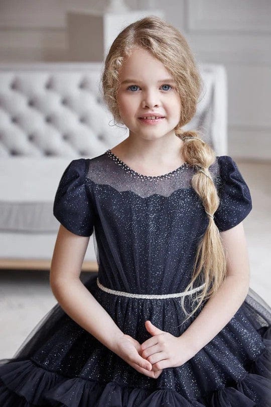 Sunnypetal Black Puffy Tulle Sparkling Ruffled Flower Girl Ball Gown Dresses